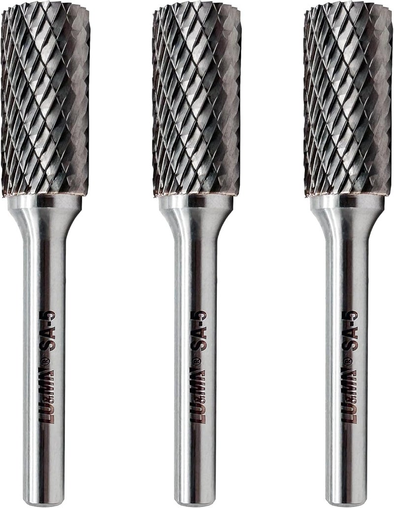 LU&MN SA-5 Tungsten Carbide Burr Cylinder Shape Double Cut Rotary Burr File(1/2” Cutter Dia X 1”Cutter Length) with 1/4'' Shank Dia,3PCS - Image 1